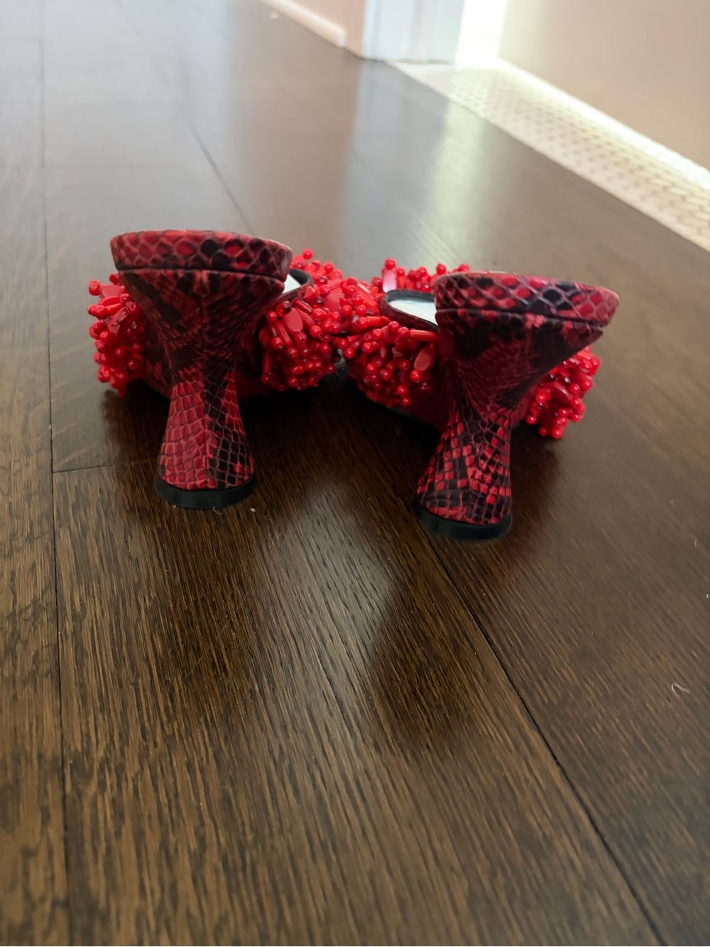 Dries Van Noten Red Beaded Slide Mules with Snake-Print Footbed - Picture 3 of 7